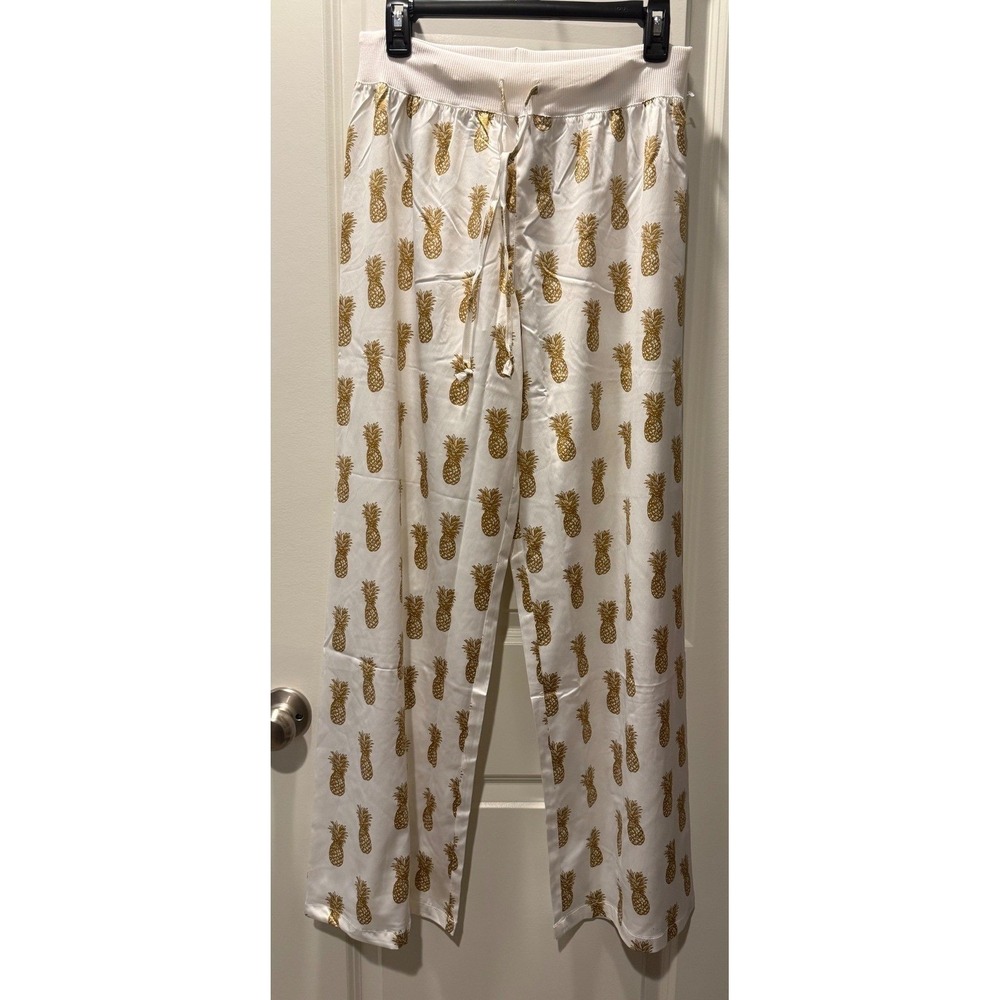 The Royal Standard Classic Pineapple Slumber Pants White Gold Satin Pajamas M